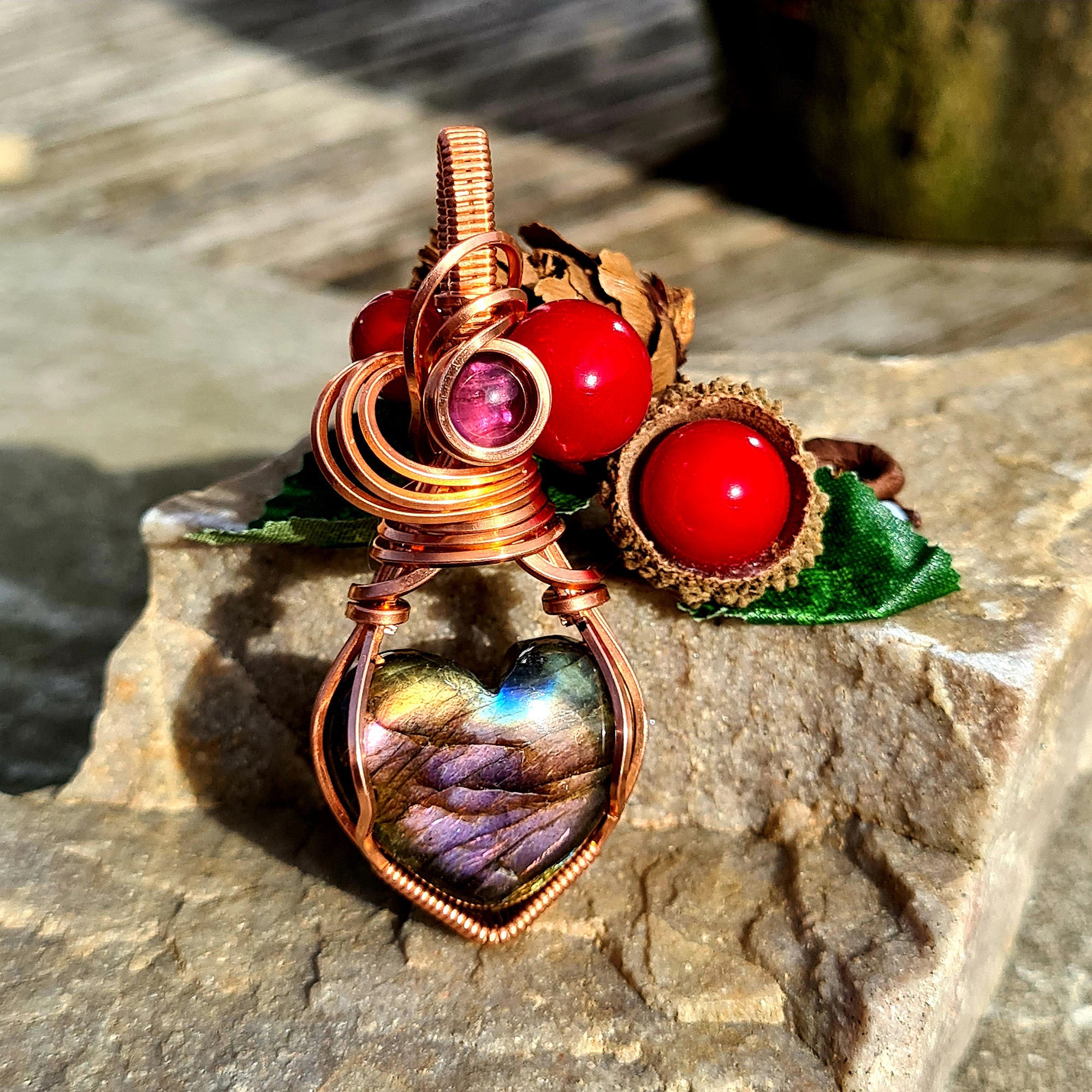 Ciondolo Artigianale In Rame Con Labradorite A Forma Di Pera &ndash; Fenice Phoenix, Wire Wrap, Fatto In India