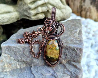 Antiqued Copper Picture Jasper Pendant • Wire Wrapped • Hand Made • Gift For Her • Teardrop Picture Jasper • P0821