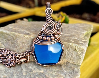 Antiqued Copper Blue Onyx Pendant • Wire Wrapped • Hand Made • Gift For Her • Pentagon Blue Onyx • P0792