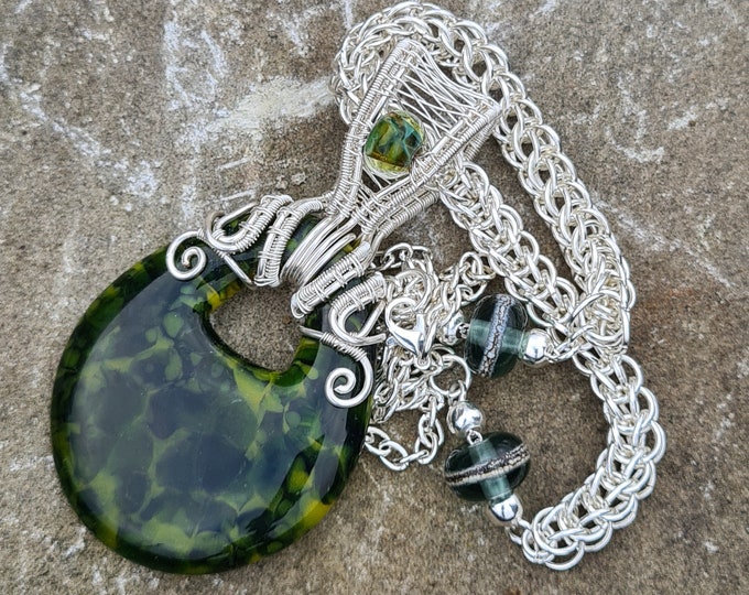 Silver Plated Multi Green Glass Donut with Lampwork Bead Pendant