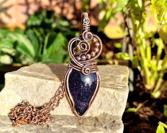 Antiqued Copper Blue Goldstone Pendant • Wire Wrapped • Hand Made • Gift For Her • Teardrop Blue Goldstone • P0784