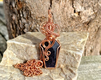 Natural Copper Blue Goldstone Coffin Pendant • Wire Wrapped • Hand Made • Halloween • Coffin Blue Goldstone • P0777