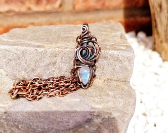 Antiqued Copper Rainbow Moonsone Mini Pendant Wire Wrapped • Hand Made • Gift For Her • Teardrop Moonstone • P0816