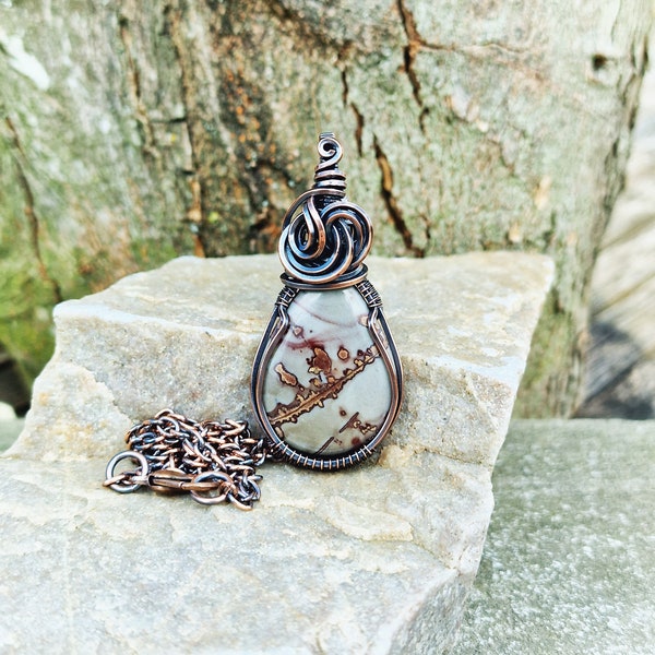 Coffee Bean Jasper Pendant • Brown/Beige • Genuine Antiqued Copper • Wire Wrapped • Hand Made • Gift For Her • Teardrop • P0676