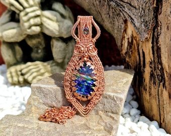 Natural Copper Abalone Doublet & Cubic Zirconia Pendant • Wire Wrapped • Hand Made • Gift For Her • Oval Abalone Quartz Doublet • P0805