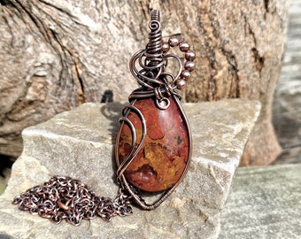 Antiqued Copper Marston Ranch Jasper Pendant • Wire Wrapped • Hand Made • Gift For Her • Teardrop Jasper • P0730