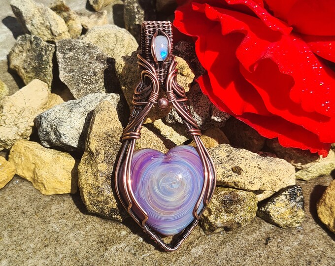 Antiqued Copper Lilac Swirl Glass Heart and Rainbow Moonstone Pendant