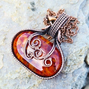 Antiqued Copper Orange Mix Glass Pendant - Wire Wrapped Pendant - Gift For Her - Oval - P0347