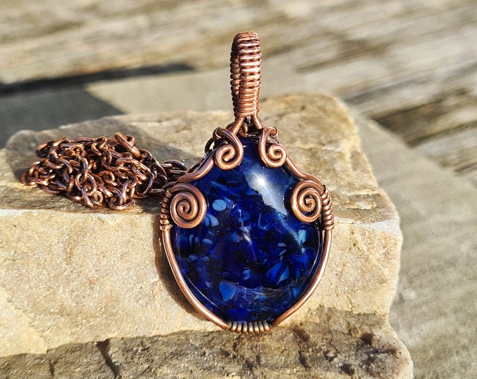 Antiqued Copper Deep Blue Glass Pendant