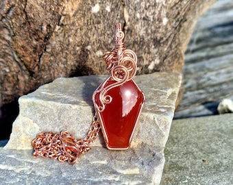 Natural Copper Red Onyx Coffin Pendant • Wire Wrapped • Hand Made • Gift For Him/Her • Red Onyx Coffin • P0771