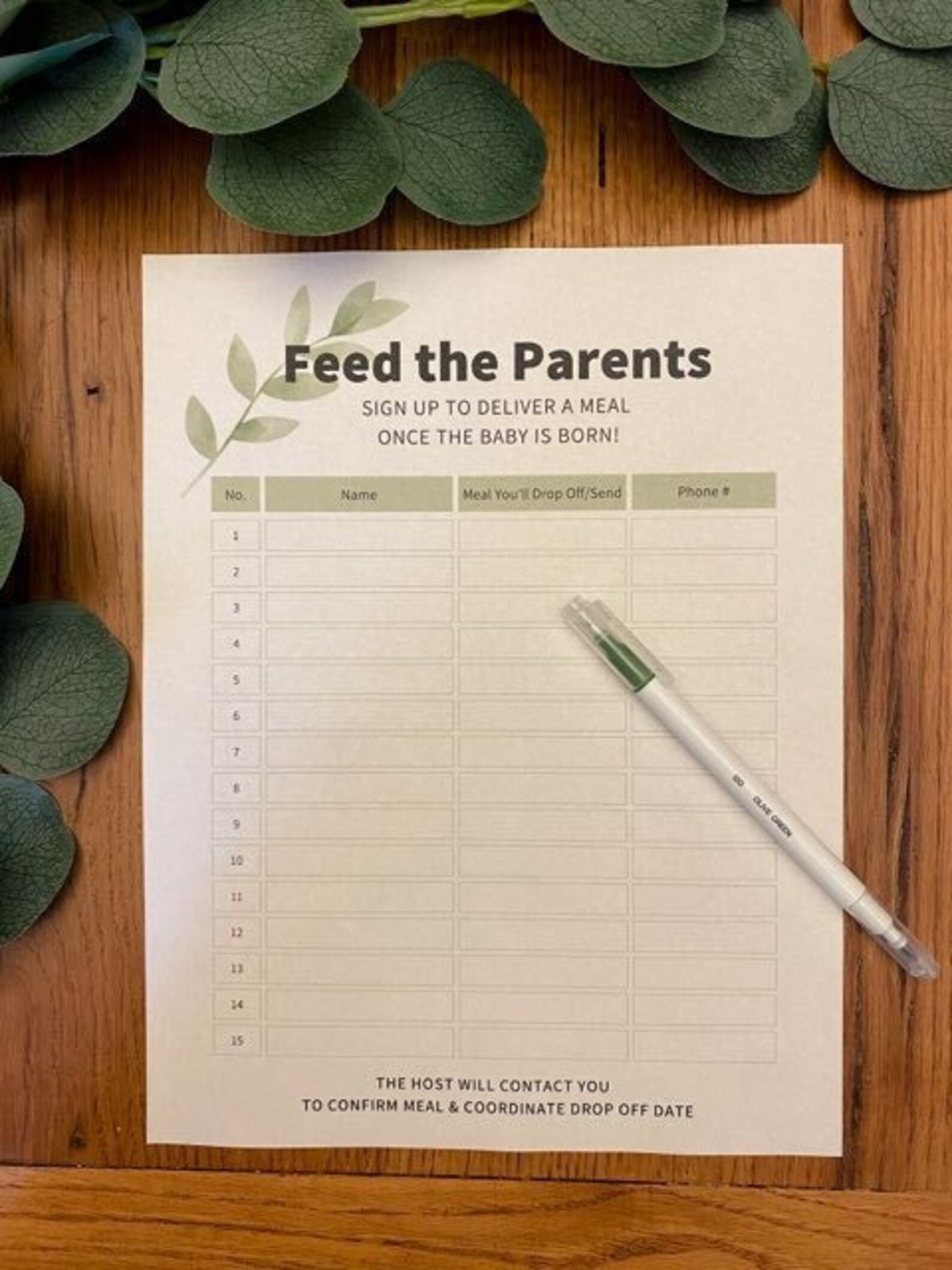 Printable Meal Train Sign up Sheet for Baby Shower Eucalyptus Etsy