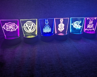 Laser engraved LED "Hazbin Hotel" lamps.