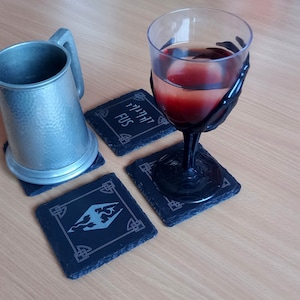 Laser engraved Skyrim word-wall coaster set.
