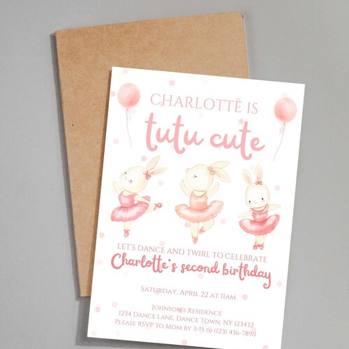 Tutu cute birthday invitation, 2nd birthday ballerina invitation, bunny ballerina birthday party invite, second ballerina birthday invite