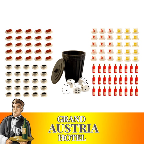 Grand Austria Hotel 120x Dish & Drink Token + Mülleimer Brettspiel