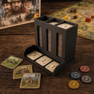 Può includere: Un organizzatore di carte da gioco in plastica grigio scuro con tre scomparti verticali contenenti pile di carte. La parte anteriore presenta tre scomparti orizzontali con tessere quadrate numerate 1, 2 e 3. Ulteriori tessere edificio quadrate e gettoni circolari numerati 1, 2, 5 e 10 sono sparsi nelle vicinanze.