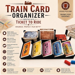Peut inclure: Un organisateur de cartes de train en plastique noir pour jeux de société, avec plusieurs emplacements contenant des cartes de train colorées. Le texte indique TRAIN CARD ORGANIZER COMPATIBLE WITH TICKET TO RIDE, avec des listes de caractéristiques.