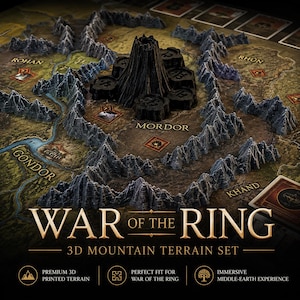 May include: A 3D mountain terrain set for the War of the Ring board game, featuring a central black volcano model surrounded by detailed grey mountain ranges on a printed map. The text reads War of the Ring 3D Mountain Terrain Set.