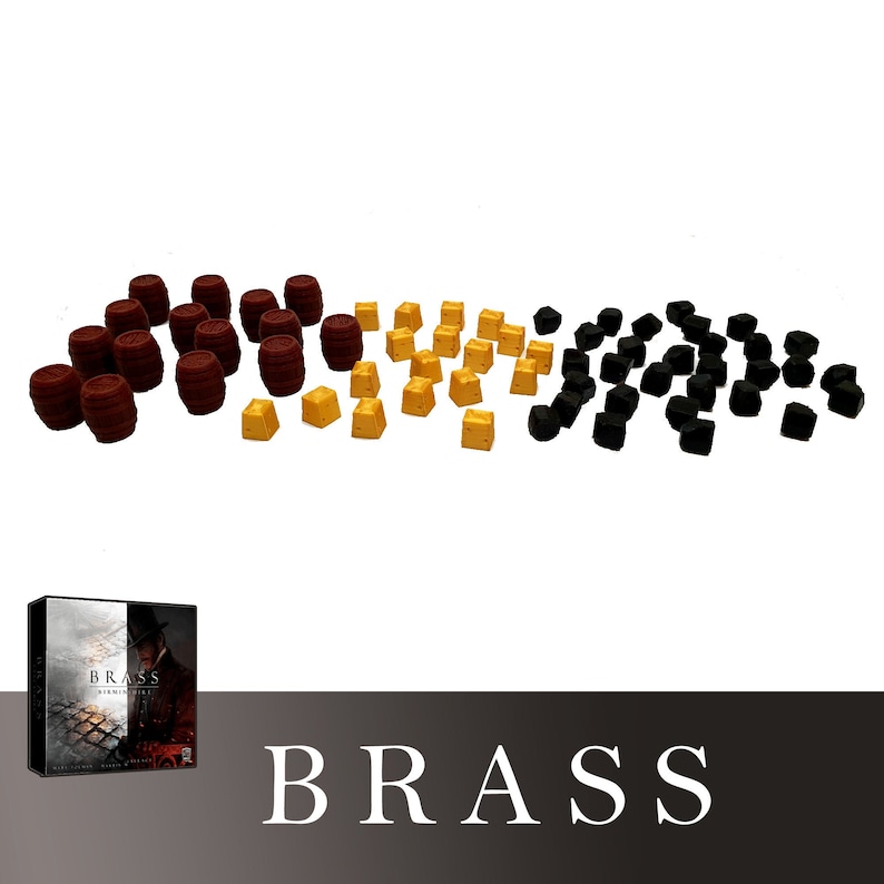 May include: A collection of game pieces for the board game Brass: Birmingham. The pieces are made of plastic and come in three colors: brown, black, and gold. The pieces are arranged in three rows, with the brown pieces in the front, the black pieces in the middle, and the gold pieces in the back.