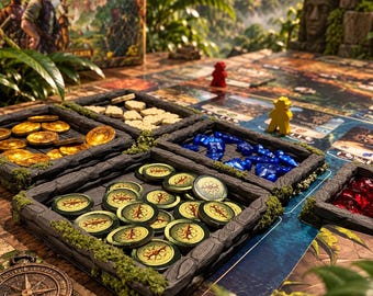 May include: A board game setup featuring four stone-textured trays filled with game components: gold coins, white stone tokens, blue crystals, and green compass tokens. A yellow wooden meeple and a red wooden meeple stand on the game board.