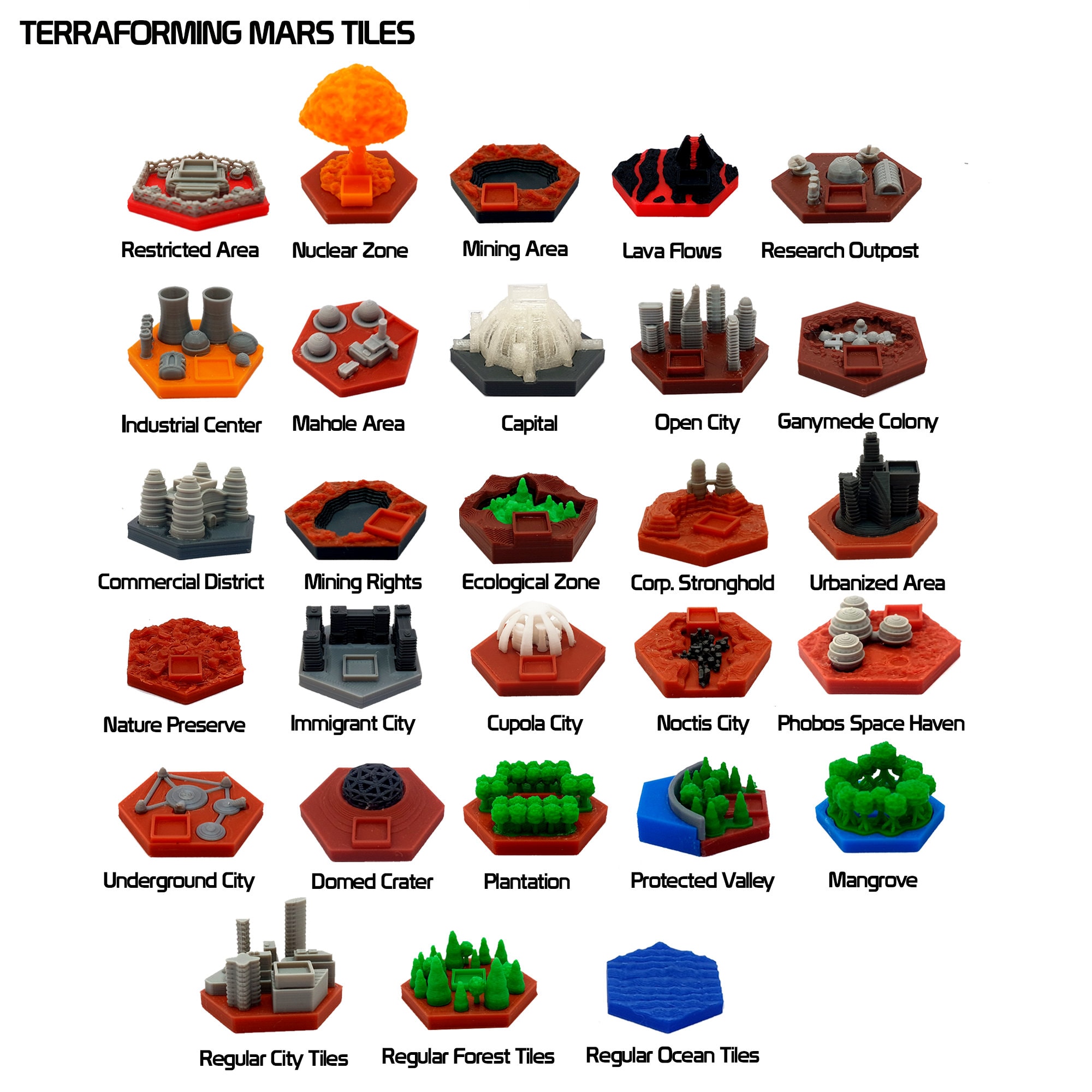 Terraforming Mars – Lot De 71 Tuiles 3D : Forêts, Cités, Océans Et Spéciales – Remplaçant Carton