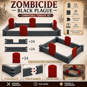 Puede incluir: Un set de terreno compatible con Zombicide Black Plague que incluye 24 puertas rojas y 48 secciones de muro gris con textura de piedra. Los componentes modulares impresos en 3D permiten dise&ntilde;os personalizados con paredes de una sola capa.