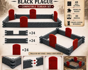 Modular Walls & Doors Zombicide Black Plague 3D Printed Terrain Set Medieval Board Game Scenery