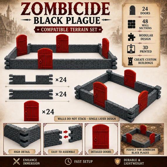 Modular Walls & Doors Zombicide Black Plague 3D Printed Terrain Set Medieval Board Game Scenery