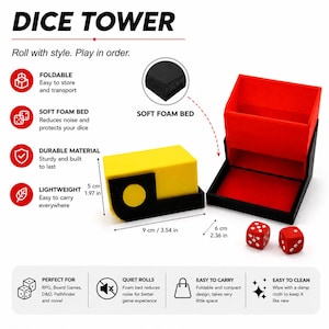Puede incluir: Una torre de dados plegable con interior rojo y exterior negro, que cuenta con una base de espuma suave. La torre mide 9 cm de ancho, 5 cm de alto y 6 cm de profundidad. Se incluyen dos dados rojos con puntos blancos junto a la torre.