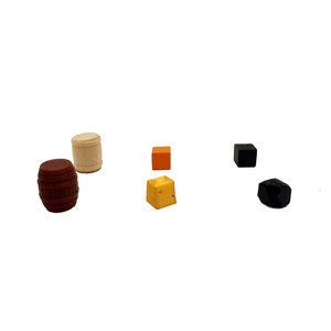 May include: A set of six wooden game pieces, including two brown barrels, a yellow cube, an orange cube, a black cube, and a black diamond.