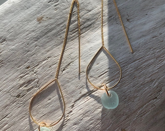 Sea Glass Earrings, Minimalist Hoop Threader Earrings, Light Aqua Blue Sea Glass, Ocean Earrings, Beach Earrings, Birthday Gift