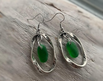 Sea Glass Earrings, 2” Green Sea Glass & Antiqued Silver Hammered Hoop Earrings, Sea Glass Jewelry, Ocean Jewelry, Beach Earrings