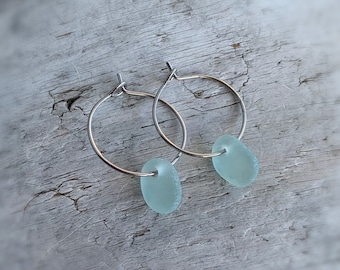 Sea Glass Earrings, Minimalist .75" Silver Hoop Earrings with Light Aqua Blue Sea Glass, Ocean Earrings, Beach Hoop Earrings, Birthday Gift