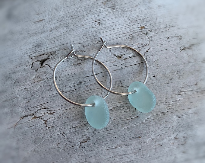 Sea Glass Earrings, Minimalist .75" Silver Hoop Earrings with Light Aqua Blue Sea Glass, Ocean Earrings, Beach Hoop Earrings, Birthday Gift