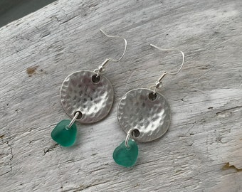Sea Glass Earrings, 2” Long, Turquoise Sea Glass & Antiqued Silver Disc Charm, Sea Glass Jewelry, Ocean Jewelry, Beach Jewelry