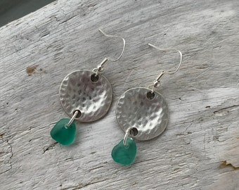 Sea Glass Earrings, 2” Long, Turquoise Sea Glass & Antiqued Silver Disc Charm, Sea Glass Jewelry, Ocean Jewelry, Christmas Jewelry