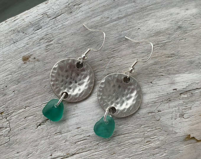 Sea Glass Earrings, 2” Long, Turquoise Sea Glass & Antiqued Silver Disc Charm, Sea Glass Jewelry, Ocean Jewelry, Beach Jewelry