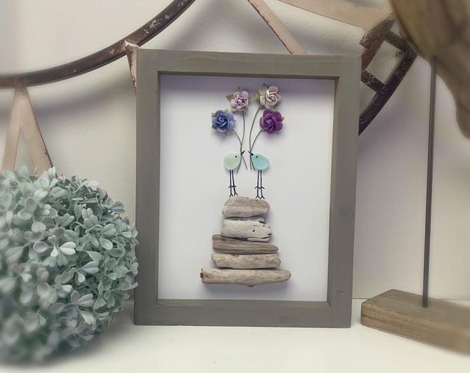 Sea Glass Bird Art, Sea Glass Birds, Paper Flowers & Driftwood Art, Colourful Sea Glass, Ocean Art, Birthday Gift, Beach Lover Gift