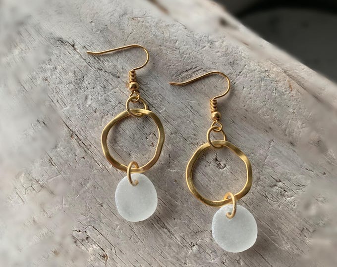 Sea Glass Earrings, White Sea Glass & Wavy Hoop Matte Gold Earrings, Sea Glass Jewelry, Ocean Jewelry, Christmas Gift