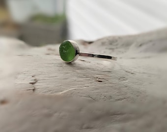 Sea Glass Ring, Beautiful Green Sea Glass Sterling Silver Ring, Bezel Setting, Sea Glass Gem found on Vancouver Island, Birthday Ring