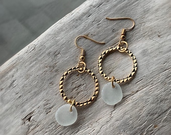 Sea Glass Earrings, Gold Textured Matte Hoop Earrings with Bright White Sea Glass, Ocean Earrings, Beach Earrings, Christmas Gift