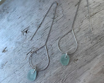 Sea Glass Earrings, Silver 5 inch Hoop Threader & Light Aqua Blue Sea Glass Earrings, Ocean Earrings, Beach Earrings, Womens Earrings