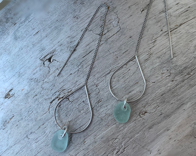 Sea Glass Earrings, Silver 5 inch Hoop Threader & Light Aqua Blue Sea Glass Earrings, Ocean Earrings, Beach Earrings, Womens Earrings
