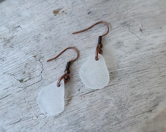 Sea Glass Earrings, Copper Earrings with White Sea Glass Drops, Ocean Earrings, Beach Jewelry, Beach Earrings