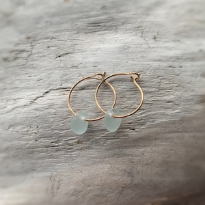 Sea Glass Earrings, Small Gold Hoop Earrings with Light Blue Sea Glass, Ocean Earrings, Beach Earrings, Ocean Gift, Birthday Jewelry
