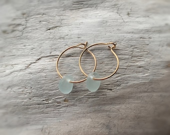 Sea Glass Earrings, Small Gold Hoop Earrings with Light Blue Sea Glass, Ocean Earrings, Beach Earrings, Ocean Gift, Birthday Jewelry