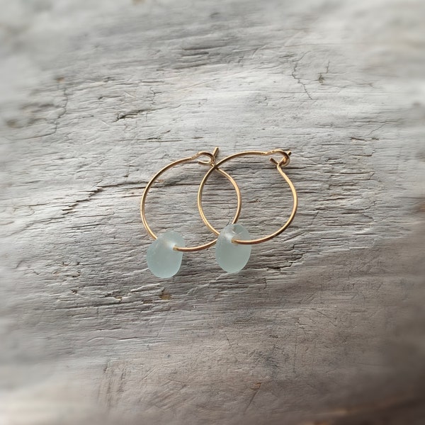 Sea Glass Earrings, Small Gold Hoop Earrings with Light Blue Sea Glass, Ocean Earrings, Beach Earrings, Christmas Gift