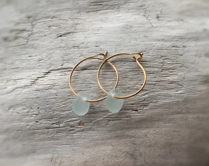 Sea Glass Earrings, Small Gold Hoop Earrings with Light Blue Sea Glass, Ocean Earrings, Beach Earrings, Ocean Gift, Birthday Jewelry