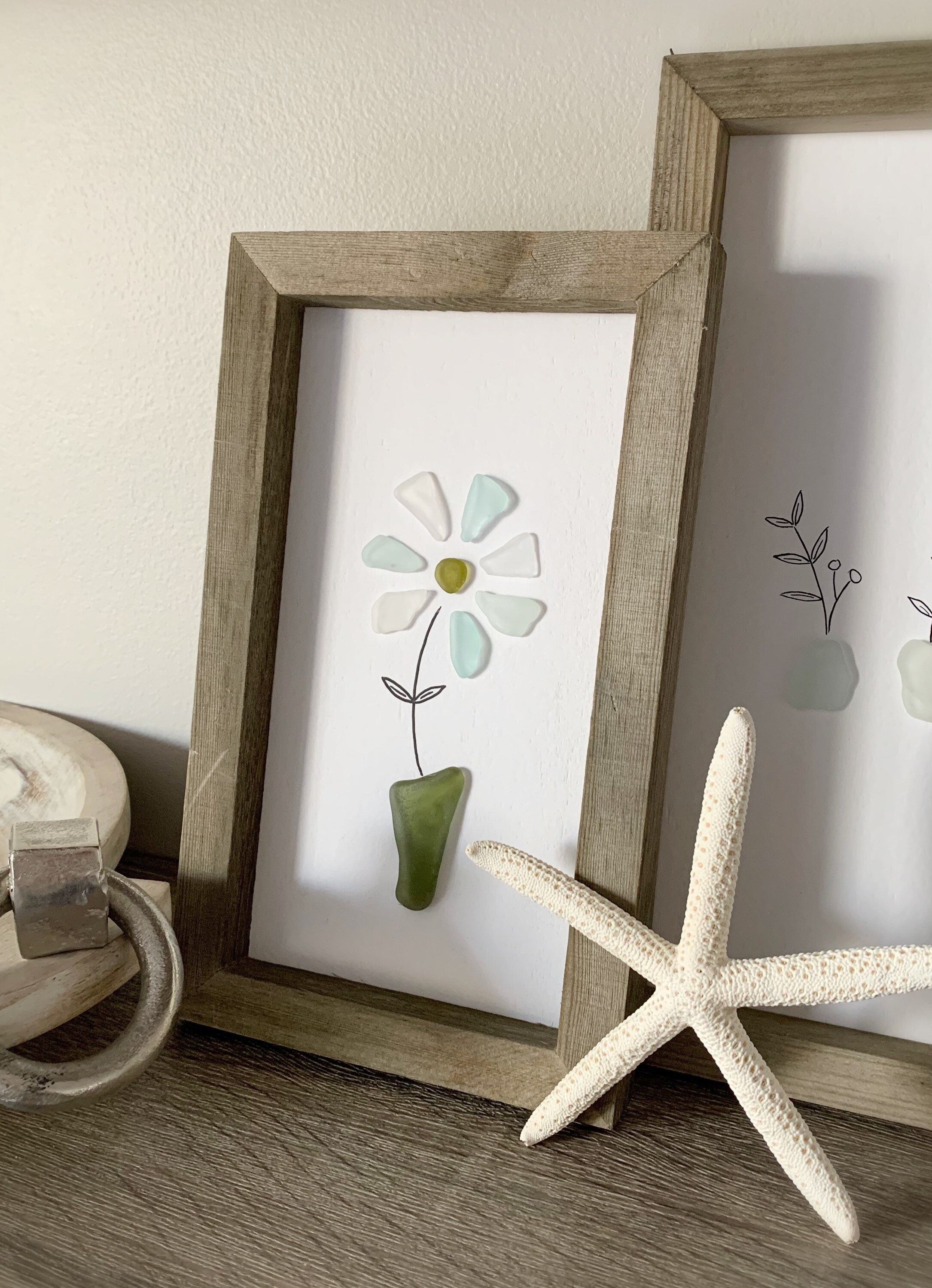 Blue, White & Olive Green Sea Glass Wall Art, Ocean Art, Vase with