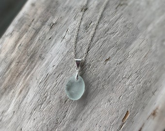 Sea Glass Necklace, Powder Blue Sea Glass Pendant 16” Sterling Silver Dainty Chain Necklace, Beach Jewelry, Ocean Necklace